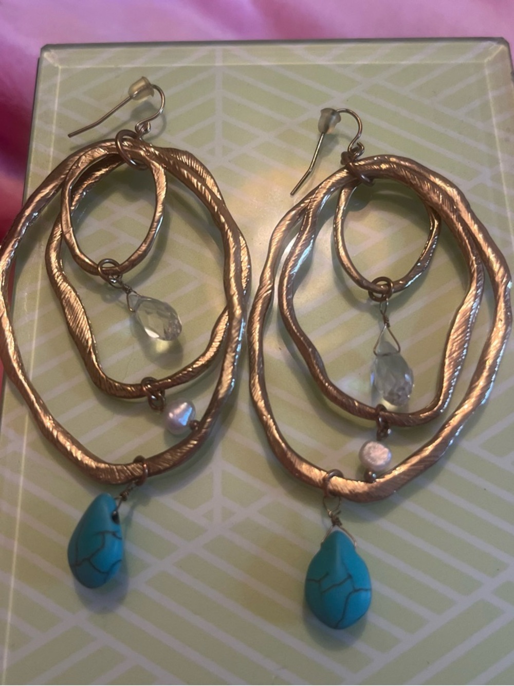 Gold-Tone Hoop Earrings with Turquoise Drop, Pearl and Crystal Accents